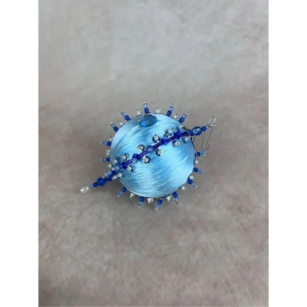 Vintage Beaded Ornament Blue Satin and Pin Christmas Ornament MCM
